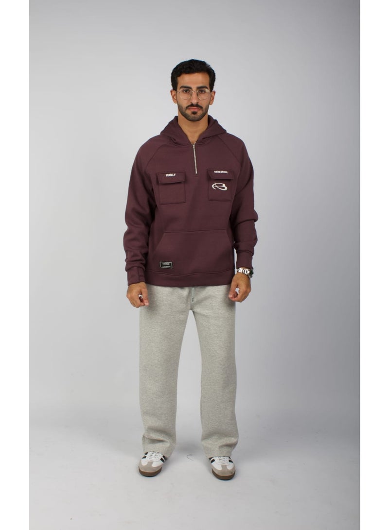 Red Planet A distinctive and elegant burgundy fleece hoodie with a finger hole. - Image 5